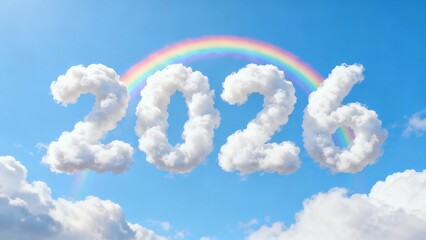 Obraz premium New Year's 2026 greeting with a bright rainbow arcing over the year formed by fluffy clouds in a clear blue sky