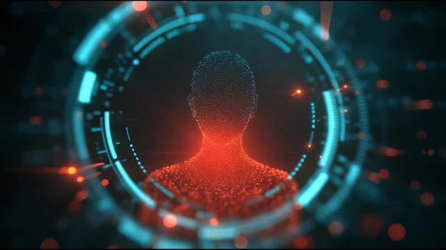 Avatar is encircled by hovering security elements, acting as a guardian that monitors every approach. Glowing biometric layers and badges reinforce the concept of real-time protection.