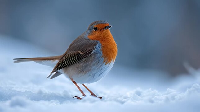 European Robin Bird Standing on Snow with Wings Outstretched