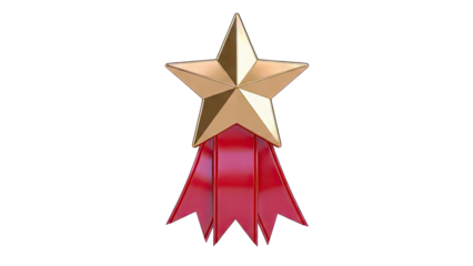 Gold Star Award with Red Ribbons on White Background