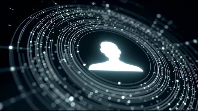 Silhouette is enveloped in a spherical arrangement of holographic verification layers. The digital badges and floating rings highlight identity checks.