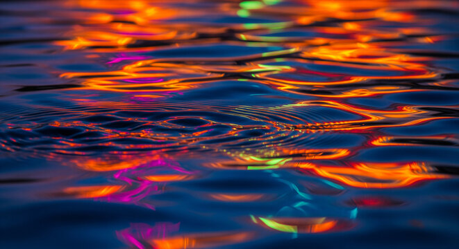 Abstract colorful water ripples background. Night lights reflecting on dark liquid surface creates vibrant orange and blue texture - Powered by Adobe