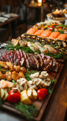 Photo of canape on platesCuisine Culinary Buffet Dinner Catering Dining Food Celebration Party Concept. Group of people in al you can eat catering buffet food indoor in luxury restaurant with meat 
