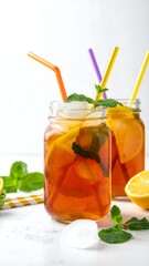 Fototapeta premium Refreshing iced tea glasses with lemon slices and mint