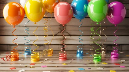 Colorful party balloons with curly ribbons and scattered confetti