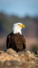 Fototapeta premium Regal bald eagle perched on rocks, surveying landscape with a serene gaze