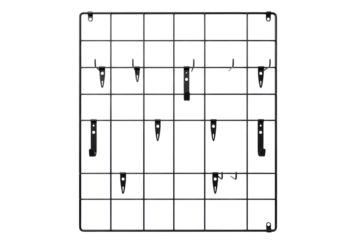 Black metal wire wall grid organizer with hanging hooks isolated on transparent background