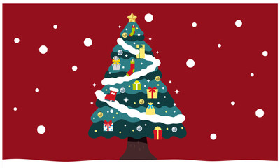 クリスマスツリーを使ったイラスト素材。赤い背景と雪、飾り付けられたクリスマスツリー