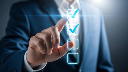 Man in blue suit touching glowing blue checkmarks on digital screen finger
