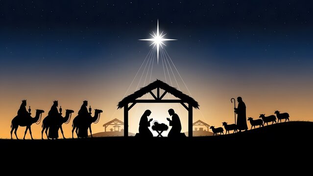 Christmas Nativity Scene Silhouette with Star of Bethlehem and Three Wise Men at Sunset