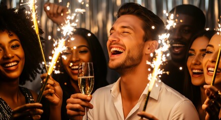 Joyful friends celebrating with sparklers and champagne at a vibrant party.