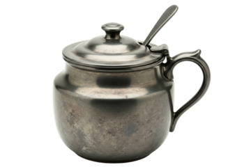 Vintage tarnished pewter condiment pot with lid and spoon isolated on transparent background