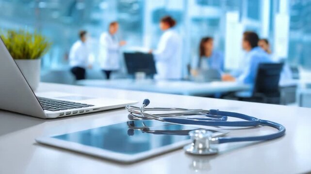 An advanced healthcare workspace showcases a tablet and stethoscope, symbolizing the integration of technology in medical practices. A modern environment enhances productivity.