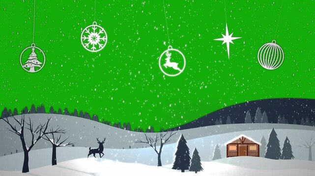 christmas decoration in the village in the snow with cartoon style, deer standing, snow falling, decoration items moving, christmas green screen animation 4K video loopable