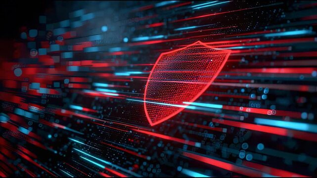 Shield emits a powerful glow, illuminating the surrounding data streams with dynamic red and blue highlights. emphasizes the radiance of security measures repelling malicious activity in real time.