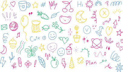Colorful Doodle Icons Set – Hand-Drawn Cute Sketch Elements, Decorative Symbols & Fun Planner Sticker Vector Pack
