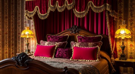 Luxurious Victorian-style bedroom with ornate red velvet canopy bed and warm lighting.