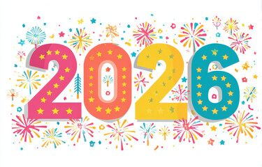 Colorful numbers 2026 surrounded by vibrant fireworks and festive elements create joyful atmosphere for celebrations. This illustration captures excitement of New Year festivities