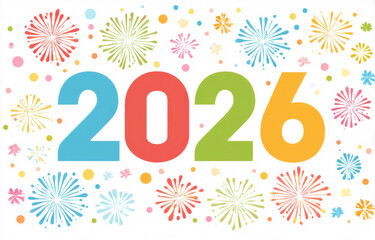Colorful cartoon vector design featuring year 2026 surrounded by vibrant fireworks and playful patterns, creating festive and celebratory atmosphere