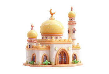 Colorful illustration of mosque featuring golden domes and crescent moon on top, set against transparency background. design is whimsical and inviting, perfect for celebrating cultural themes