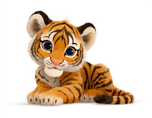 Cute cartoon tiger cub with big eyes is sitting playfully, showcasing its vibrant orange and black stripes. This adorable character exudes charm and innocence, perfect for children illustrations