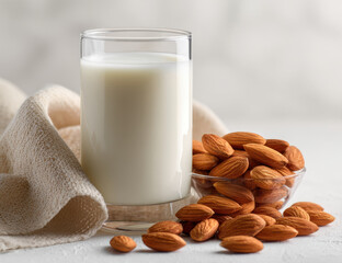 Glass of milk sits beside bowl of fresh raw almonds, creating wholesome and inviting scene. soft texture of towel complements smooth surface of milk, evoking sense of comfort and nourishment