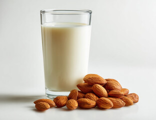 Glass of milk stands next to pile of fresh raw almonds on clean white surface, creating simple yet appealing composition. This evokes sense of health and nourishment