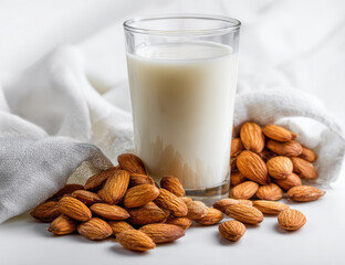 Glass of milk surrounded by fresh raw almonds white background creates serene and healthy atmosphere. This composition highlights natural textures and colors of ingredients, evoking sense