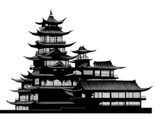 Stunning black and white vector graphic of ancient Asian architectural structure, showcasing intricate details and layered roofs that evoke sense of history and culture
