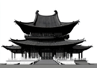 Ancient Chinese architecture features intricate designs and elegant lines, showcasing traditional temple structure in black and white. majestic silhouette evokes sense of history and culture