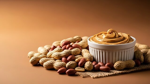 Arrangement of whole peanuts in shells and peeled, shelled peanuts surrounding a white bowl of creamy peanut butter on a burlap cloth and warm brown background - Powered by Adobe