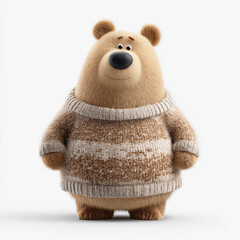 Cute bear in cozy sweater stands against white background, exuding warmth and charm. This adorable character captures hearts with its friendly expression and soft fur