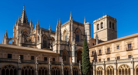 Magnificent Gothic architecture of the Cathedral of Segovia under a clear blue sky.