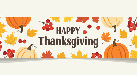 Flat lay of a Happy Thanksgiving banner with pumpkins, leaves, and berries on a white background with a festive autumnal pattern.