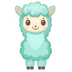 Adorable cartoon depiction of a fluffy aqua colored camelid standing isolated on white