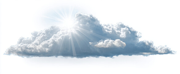 Fluffy cloud with sun rays shining through, creating bright and uplifting atmosphere. cloud appears soft and billowy against transparent background, evoking sense of peace and tranquility