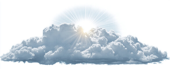 Bright white cloud with sun rays emerging from behind, creating serene and uplifting atmosphere. soft, fluffy texture of cloud enhances peaceful scene, perfect for conveying tranquility