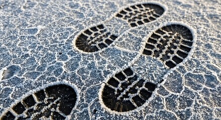 Detailed close-up of fresh boot prints imprinted in frosty icy mud on a crisp winter morning for a cold journey concept and seasonal exploration