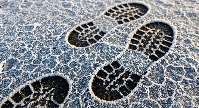 Detailed close-up of fresh boot prints imprinted in frosty icy mud on a crisp winter morning for a cold journey concept and seasonal exploration