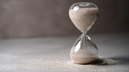 expiration. An hourglass with all sand in the bottom half, a minimalist still life. wellbeing guides, coaching materials, designed for mental health education and mindfulness programs.
