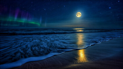 Moonlit Ocean Waves with Northern Lights at Night