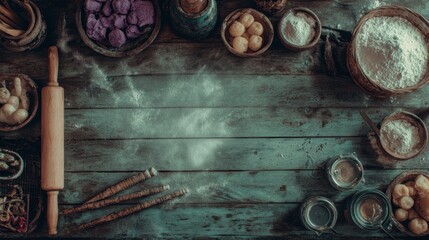 Baking ingredients on wooden table: An overhead shot showcases an assortment of baking ingredients arranged artfully on a weathered wooden table. Various ingredients, including flour, sugar, and more.