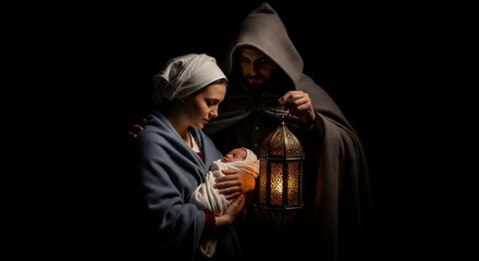 Mary and Joseph with Baby Jesus in a Dark, Evocative Nativity Scene.