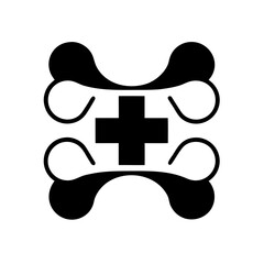 A dog bone with a medical cross in the center. Friendly and recognizable symbol of treatment, surgery, and orthopedics.