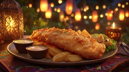 Golden Fish and Chips Dinner: A tantalizing plate of perfectly fried fish and golden chips, accompanied by delightful dips and a fresh side, set in a warm, inviting ambience.