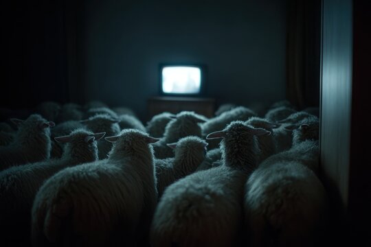 a flock of sheep watching an animal movie on tv, a cinematic photography scene.