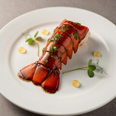 Lobster tail with herb sauce, a gourmet seafood dish.