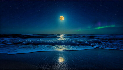 Moonlit Ocean Waves with Northern Lights at Night