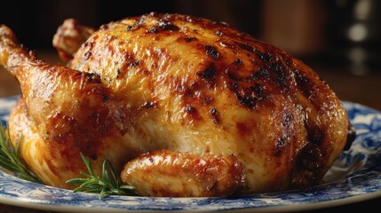Golden Roast Chicken: A beautifully roasted chicken, cooked to golden perfection. The scene features a whole chicken, ready to eat, creating an inviting visual.