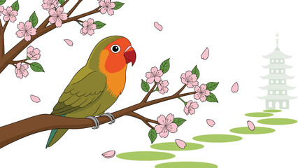 Colorful lovebird resting on blooming cherry blossom branch with falling petals and distant pagoda in serene nature themed vector illustration design